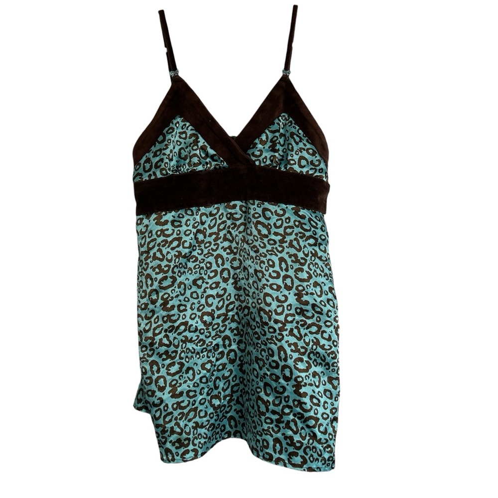 Vintage Prana Aqua Leopard Print Cami with Brown Trim – Y2K Vibe